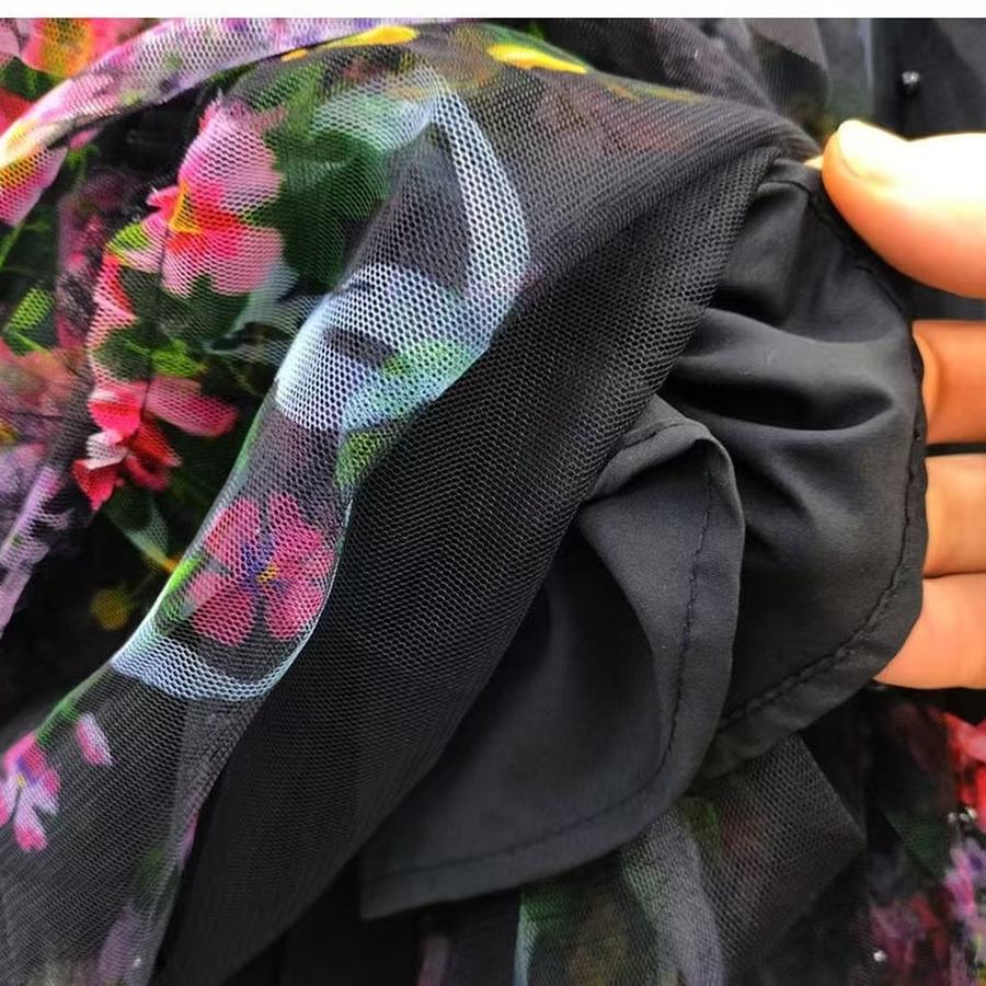 Reinforcement Nail Pearl Patchwork Printed Mesh Cake Dress Half Skirt for Girls New Hollow Out Long Dress