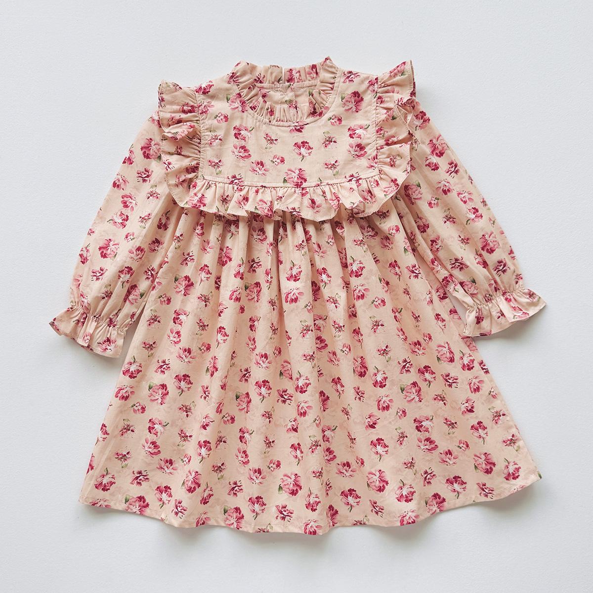 Girls Vintage Floral Ruffle Long Sleeve Dress Sweet Princess Spring Children Clothing 90cm