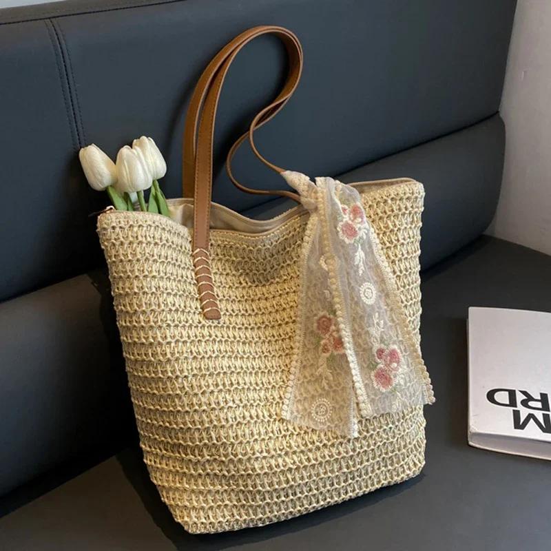 Summer Large Capacity Tote Bag Handmade Woven Shoulder Bag for Women Fresh Rural Style белый