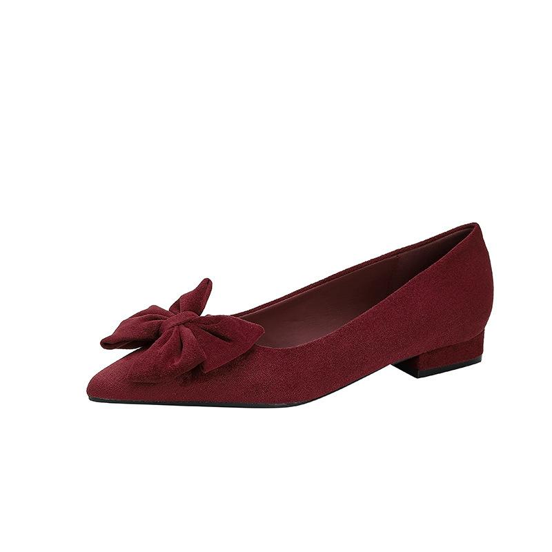 Festive Red Flat Shoes, New Bows Can Be Worn Daily Without Tiring Feet, Short Heels, Pointed Single Shoes for Women