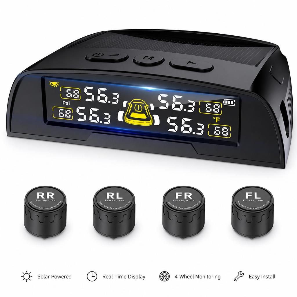 Tire Pressures Monitoring System with Solar Charge and USB Tire Pressures Monitor IPX7 Waterproof for RV Trailer Truck SUV