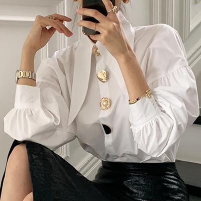 Women's White Shirts Lantern Long Sleeve Lapel Buttons Cotton Blouses Comfort Loose Casual Tops Office Lady New Fashion Spring Summer