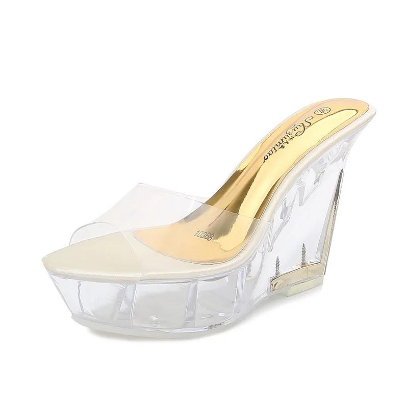 Fashion 2025 Summer ultra-high heel sandals High transparent profiled crystal shoes Waterproof platform 15CM slope heel women's shoes