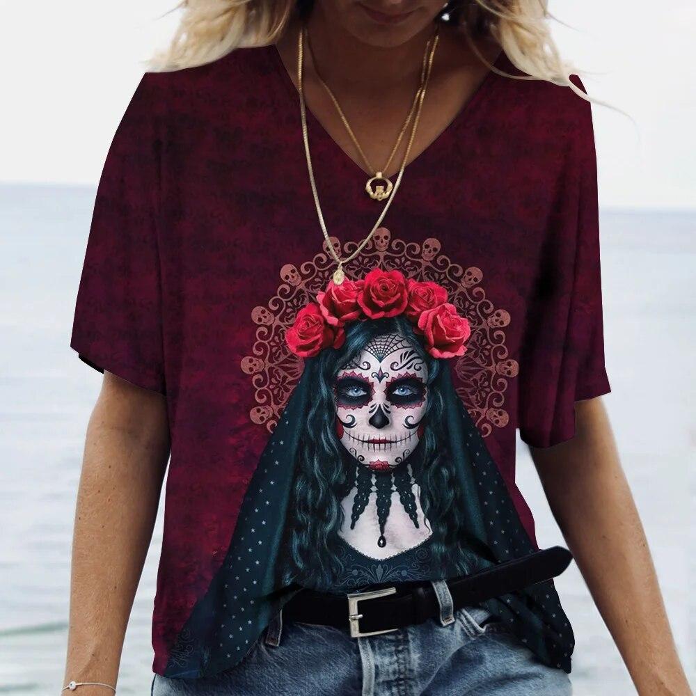 Nová dámská trička Skull Beauty Print Harajuku Y2k Streetwear Day of the Dead Oblečení Topy Dámské Oblečení nadměrné velikosti Letní 6xl
