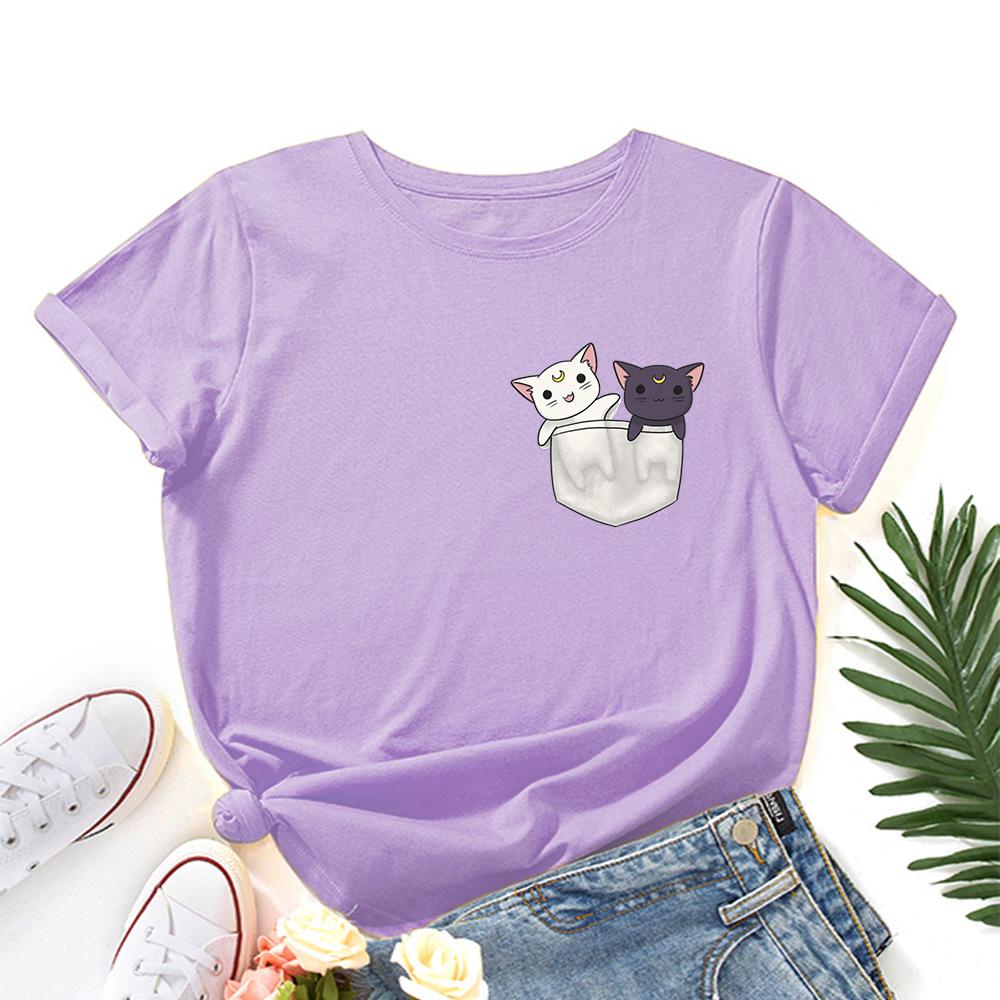 Cute Kitten Print Loose Round Neck Pure Cotton Short Sleeved Women's T-shirts