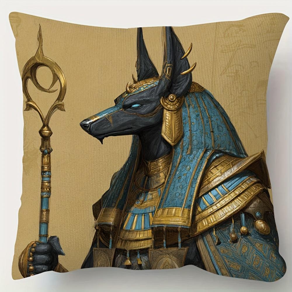 1Pc Short Plush Decorative Pillowcase, Anubis Egyptian God Print Single-Sided, 18"X18", For Sofa, Living Room, Bedroom & Office