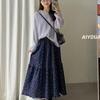 Douyin Purple Floral Elastic Waist Midi Skirt - Autumn Mori Style, High Waist, Slimming, Retro Elegance