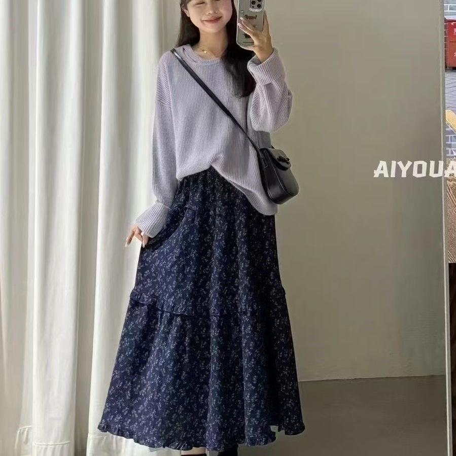Douyin Purple Floral Elastic Waist Midi Skirt - Autumn Mori Style, High Waist, Slimming, Retro Elegance