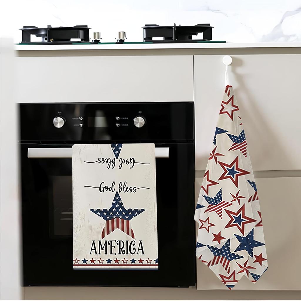 Patriotic 4th of July Kitchen Towels Dish Towels Set of 2,Strip Shaped Star Holiday Hand Towels 18x26 Inch Drying Dishcloth,Independence Day Dish