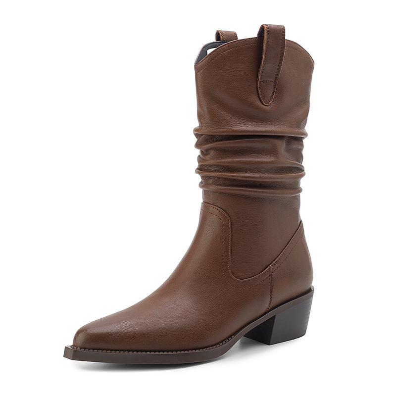 

Fashion NEW Autumn Women Boots Pointed Toe Chunky Heel Shoes Split Leather Shoes for Women Casual Slip-on Short Boots Western Boots 34 коричневий