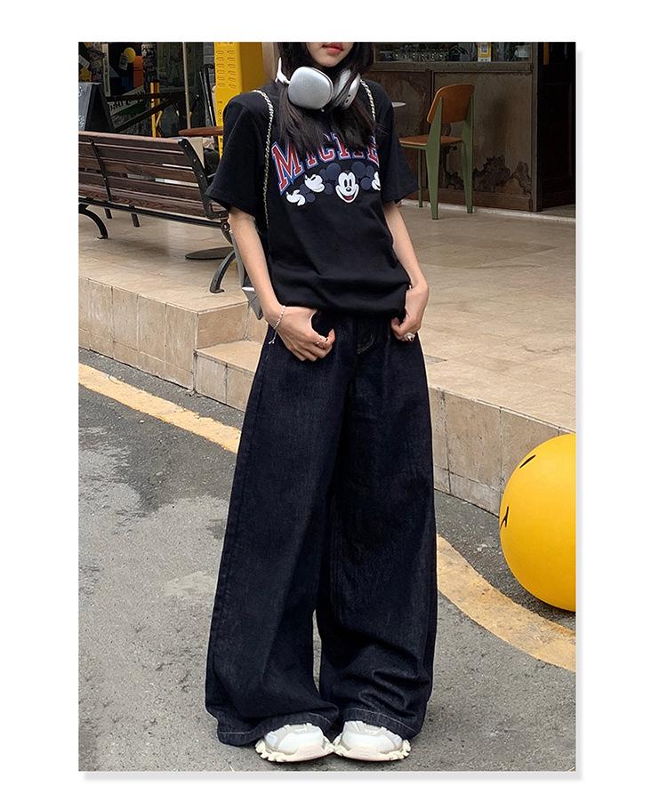Women's Dark Blue High-Waisted Wide-Leg Jeans - 2025 Spring/Autumn Straight Loose Floor-Length Pants