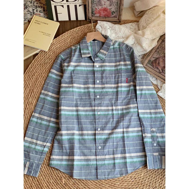 

Blue Green American Style Loose Cotton Long Sleeves Shirt C650 Figure Color M
