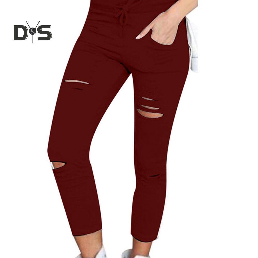 DYS Women Clothing Plus Size Drawstring High Waist Pencil Pants Ripped Skinny Leggings