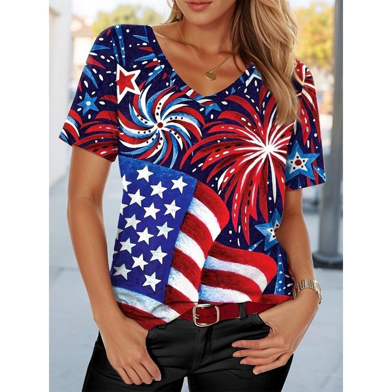 2026 New Star Print Women's T-Shirt Plus Size Top America Flag Summer Women's Trendy Clothing