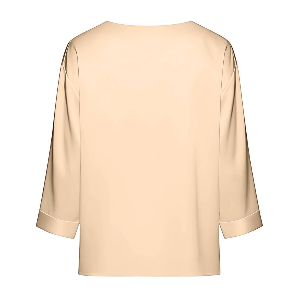 Womens 3/4 Length Sleeves Shirts V-Neck Satin Color Loose Dressy Trendy T-Shirt Pullover Blouse Tops