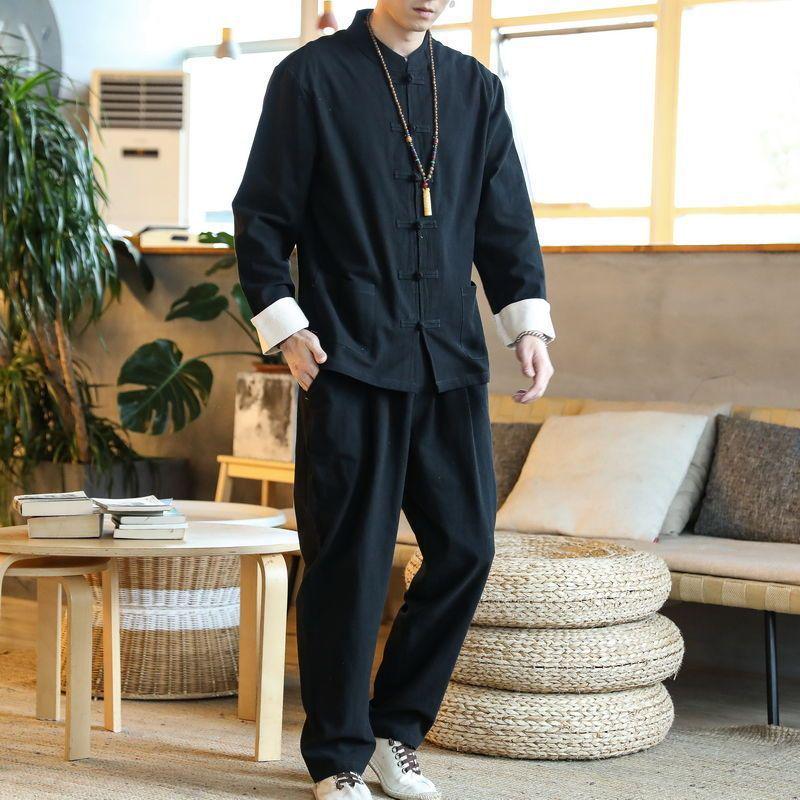 Men's Tang Suit Cotton & Linen Hanfu: Traditional Chinese Costume for Meditation & Tea Ceremonies (Spring-Summer-Fall)