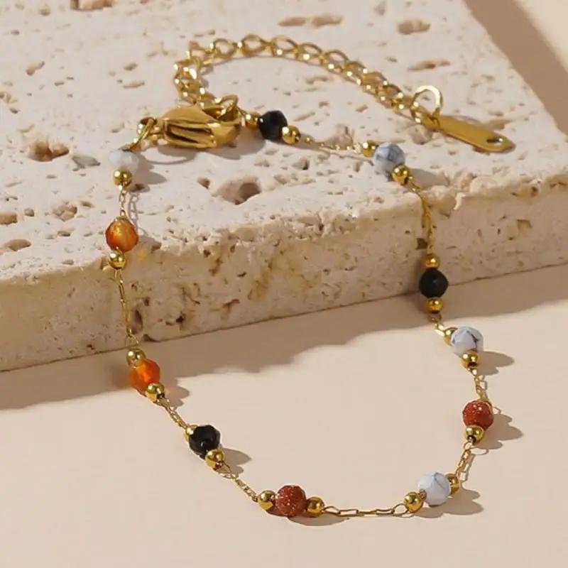 Stainless Steel Colorful Beads Bracelet For Women Girls Gold Color Exquisite Vacation Style Wrist Chains Party Jewelry Gifts