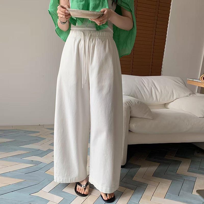 

2026 Spring Women s Sandwashed Blue & White Drawstring Casual Cropped Wide-Leg Pants Small покинуть белый
