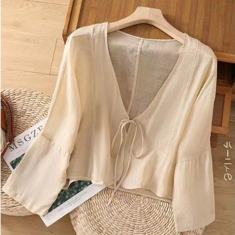 Camisa Top Casual de Verão Fina Cor Sólida Estilo Chinês com Cadarço