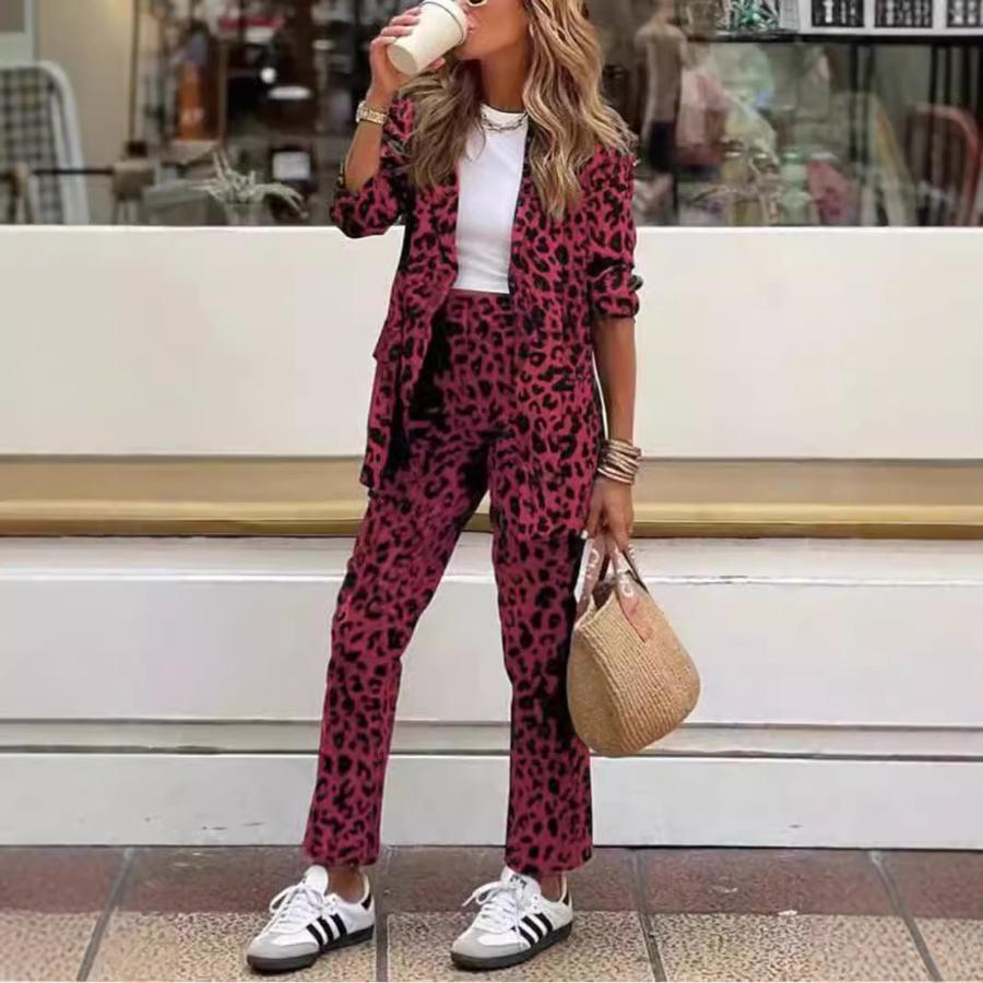Bohemian Leopard Print Long Sleeve Top High Waist Set with Pants
