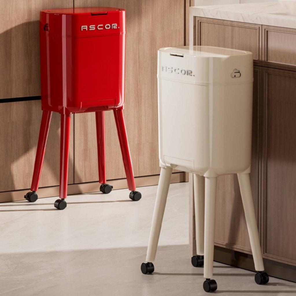 Rolling Waste Bin with Lid Single-Press Unlock Tall Trash Can with Legs Elevated Garbage Can On Wheels Large Capacity