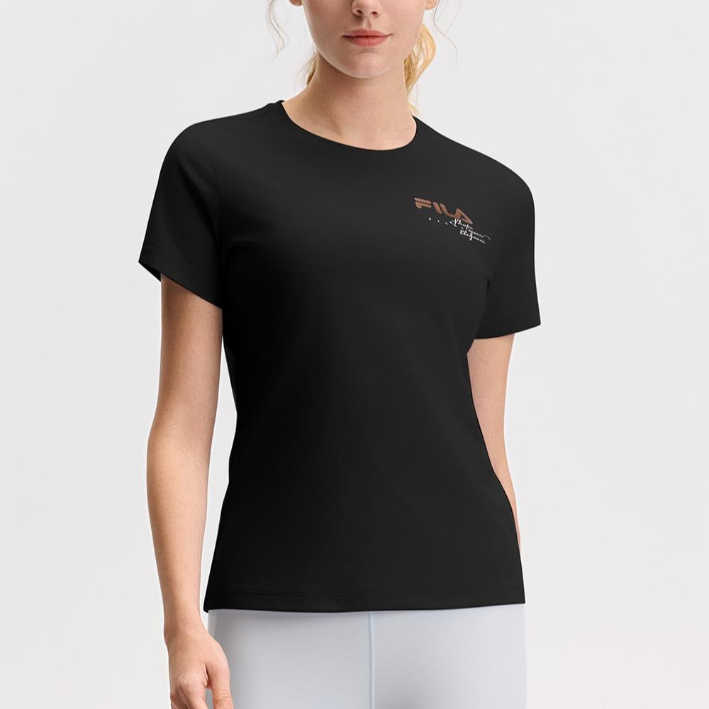 FILA Fitness Versatile Comfortable Casual Sports Simple Skin-Friendly Knitted Short Sleeve T-Shirt Women Tops Deep-Black A11W521105F-BK