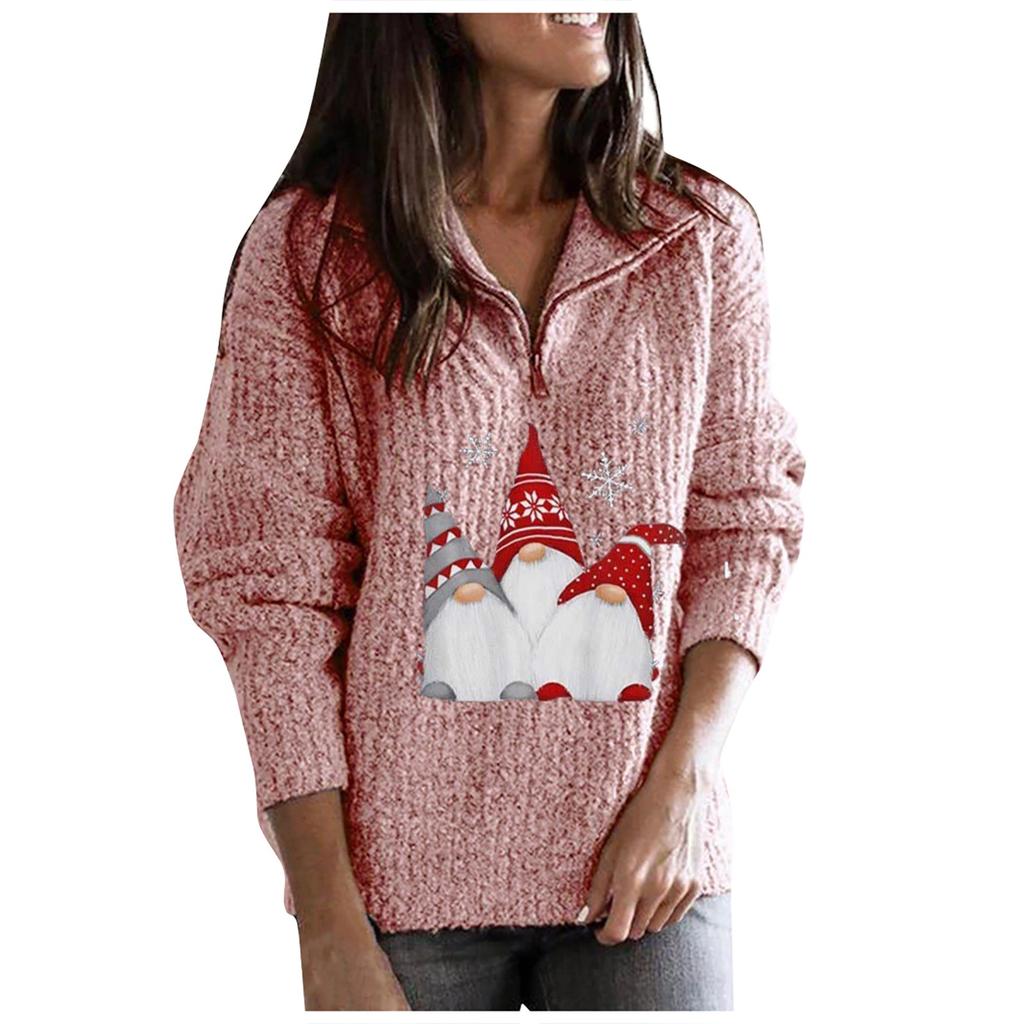 Women's Fashion Loose Warm Festive Christmas Print Zipper Long Sleeve Knitted Sweater Women's Sweater
