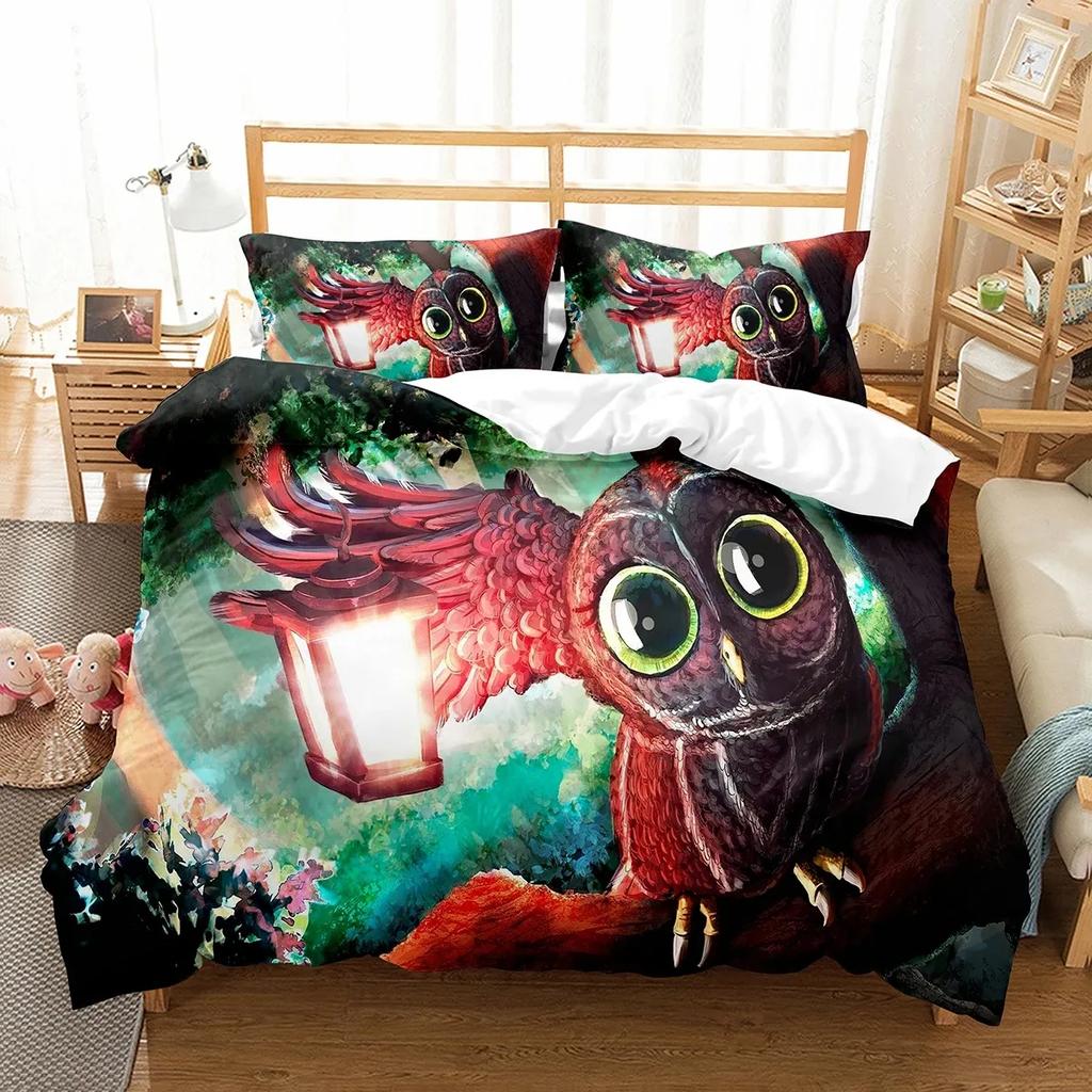 Eulen Bettbezug Set Niedlicher Vogel Polyester Bettdeckenbezug für Jungen Mädchen Kinder Bettwäsche Set King Size Bettdeckenbezug mit Kissenbezug