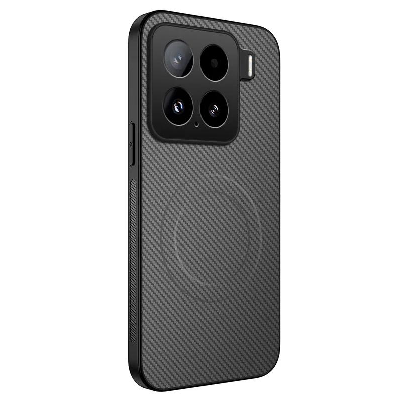 Carbon Fiber Pattern PU Leather Silicone Phone Case For XiaoMi 14T Pro 15 Ultra Magnetic Wireless Charging Soft Back Cover Cases