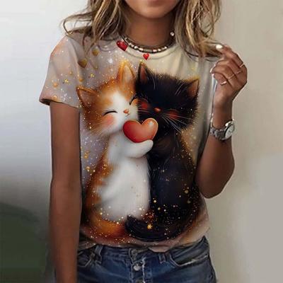 Camiseta de Mujer para Niñas Patrón de Gato Lindo Estampado 3D Tops Verano Manga Corta Casual Moda Ropa de Mujer Camisetas Oversize