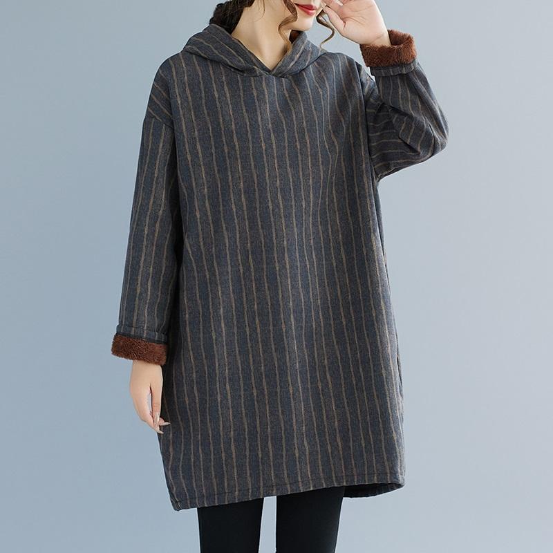 Long Sleeve Plus Size Cotton Hooded Vintage Stripe New In Dresses for Women Casual Loose Mini Spring Autumn Winter Dress