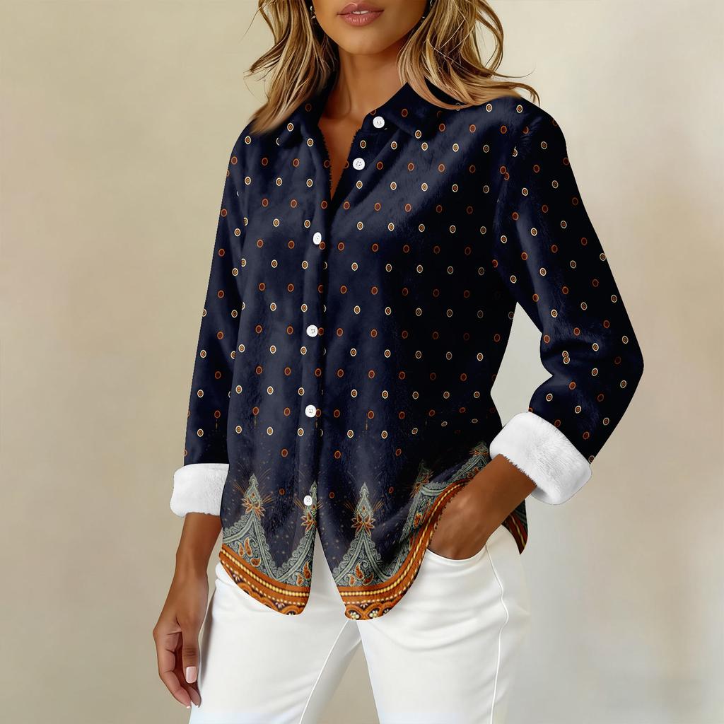 Damen-Hemdbluse, bedruckt, Knopfleiste, langärmelig, lässig, Basic, Hemdkragen, normales Oberteil