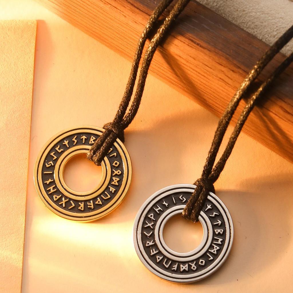 Vintage Viking Rune Round Titanium Steel Pendant Necklace Roman Numeral Sweater Chain Adjustable Necklace
