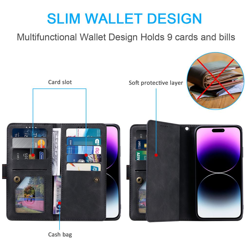For iPhone 16 Plus Case Zipper Pocket 9 Card Slots PU Leather Phone Cover