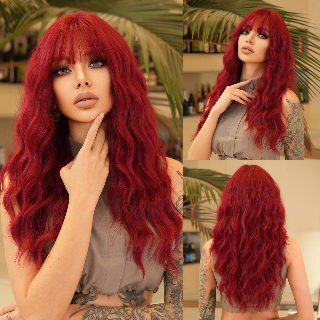 European and  American Style Women’s Fashion Red Curly Wig Full Wig with Blunt Bangs Long Wavy Wig