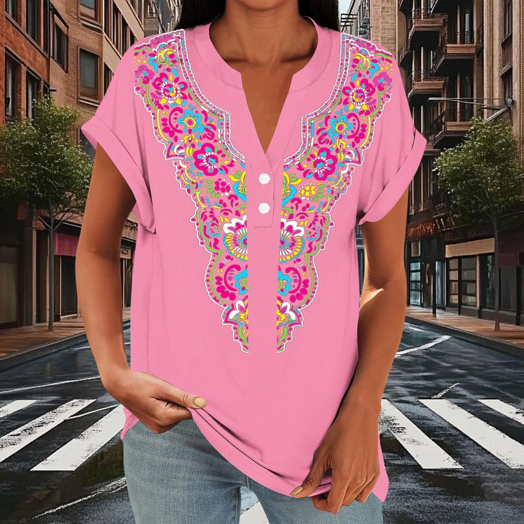 Women's Casual Loose Fit Short Sleeve Button V Neck Floral Print T Shirt Top Lightweight Comfortable Summer Blouse
