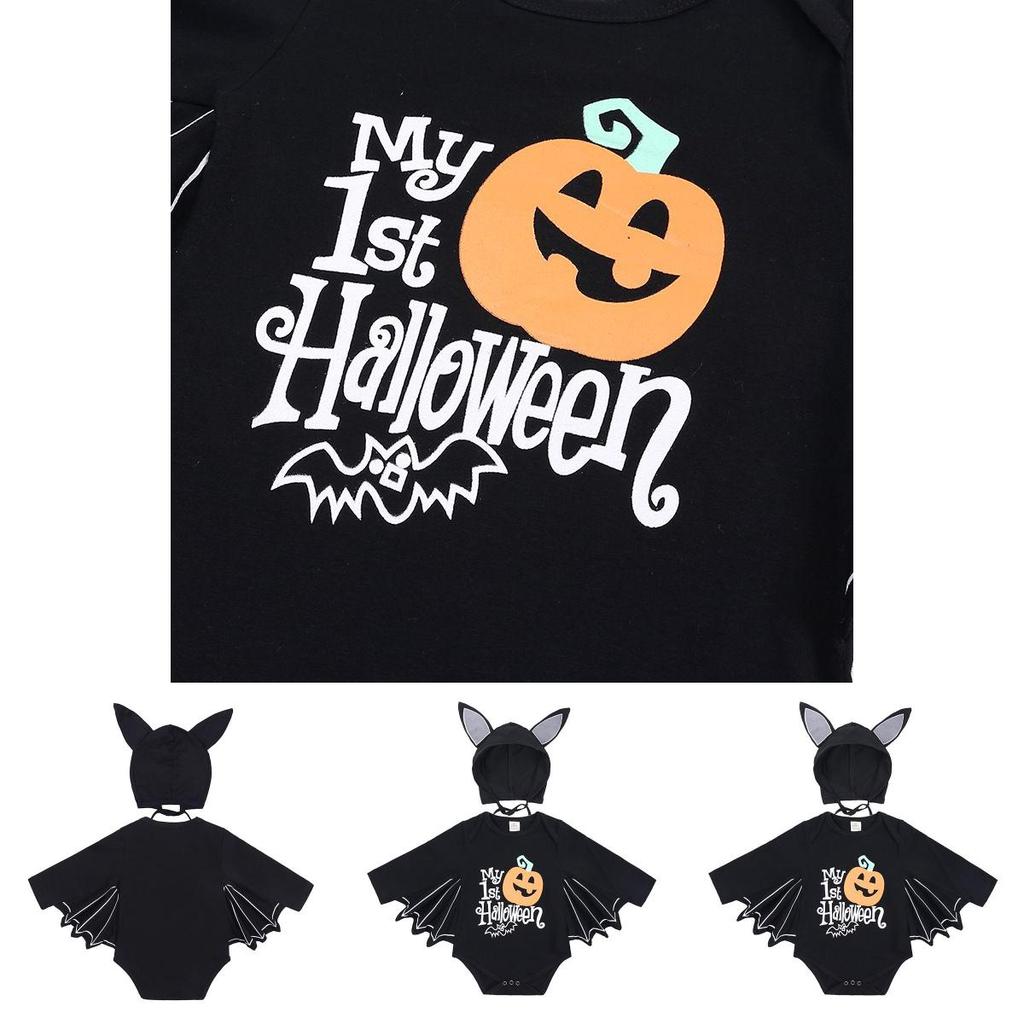 Cute Toddler Baby Boys Girls Halloween Bat Costume Romper And Hat Outfit For Parties
