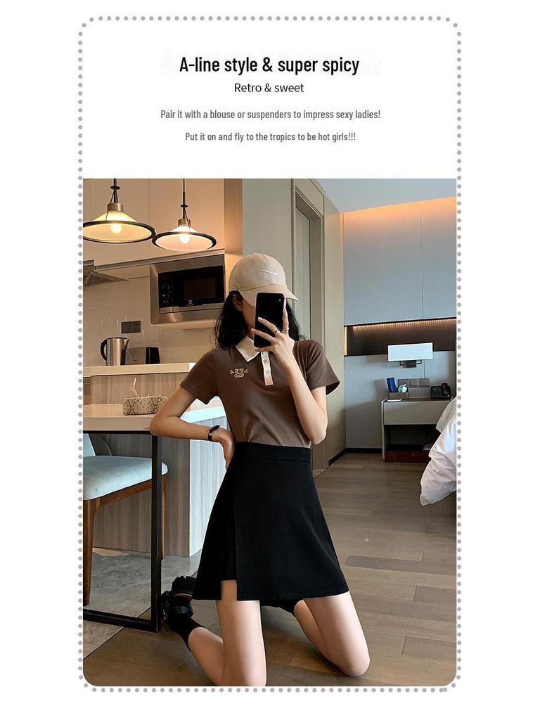 Black High-Waist A-Line Skirt for Women - Autumn 2023, Large Size, with Slit