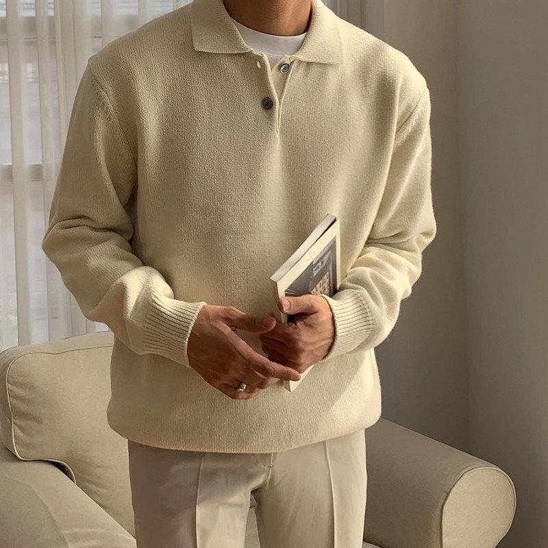 Suéter Polo Masculino de Alta Qualidade Estilo Coreano Cor Sólida - Tricô Casual Tendência com Gola para Outono