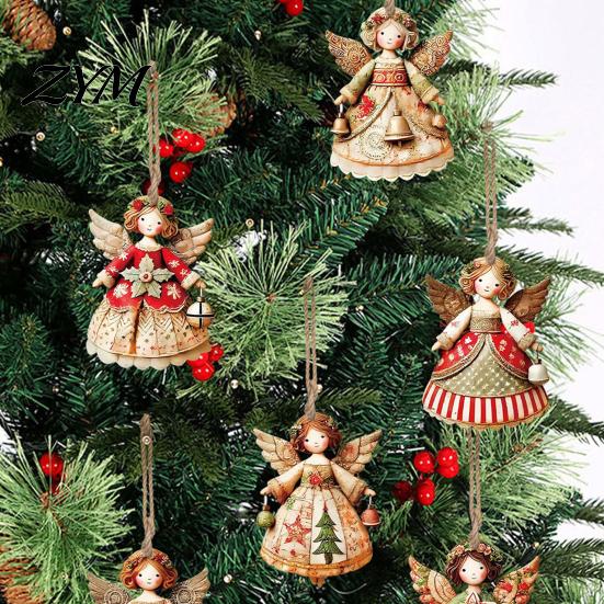 Traditional Christmas Tree Ornaments 6Pcs Vintage Angel Wooden Ornaments, Hanging Decor Set with Jute String, Rustic Pendant for Home Party