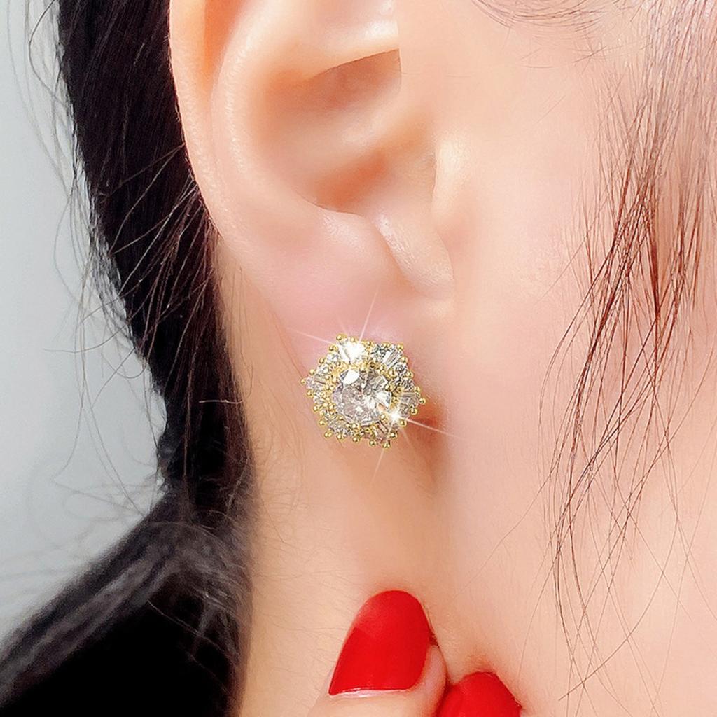 Round Center Stone Mixed Cut Double Halo Flower Stud Earrings Elegant Women Daily Party Jewelry