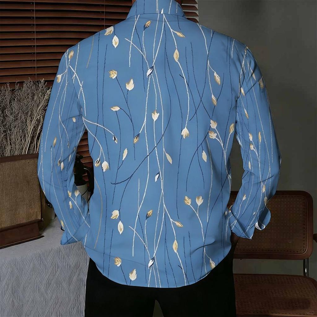 Men Collared Shirt Black Pink Floral White Star Print Long Sleeve Button Down Top