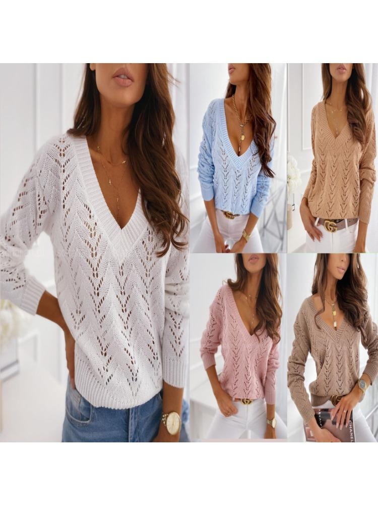 Polka Dot Solid Colour Mocha Lace Up V Neck Knit Sweater for Women Luxurious Relaxed-fit Slimming and Versatile Top