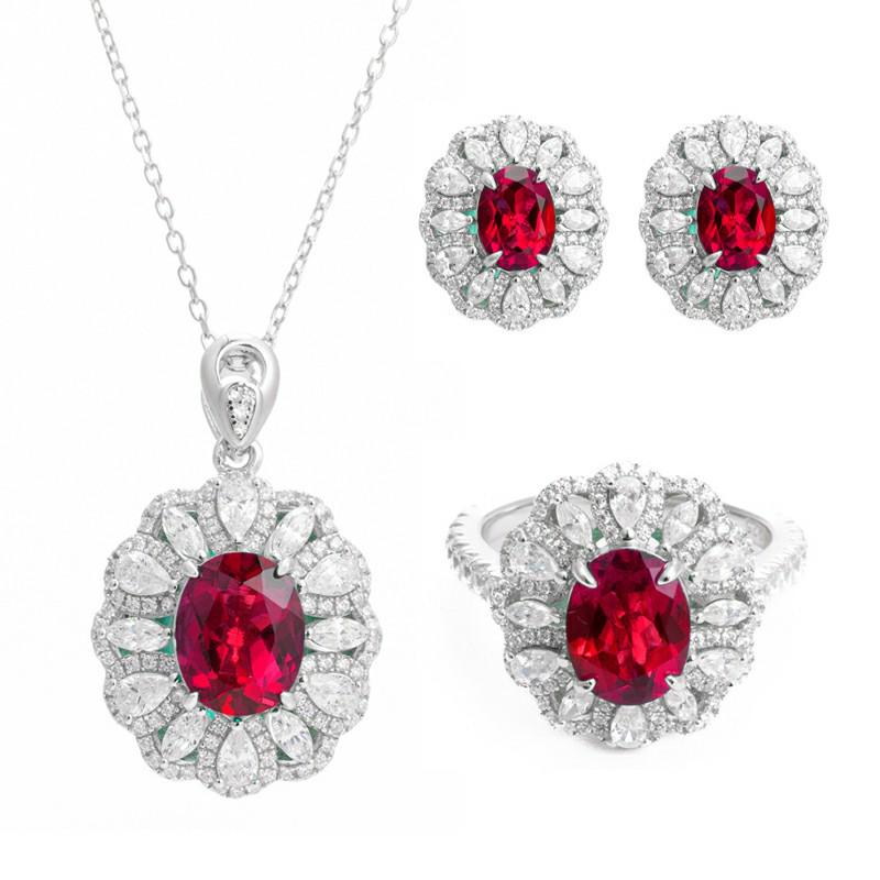 Set de bijuterii retro de curte european și american, în formă de ou, cu rubin cultivat roșu sânge de porumbel de 3 carate în argint S925.