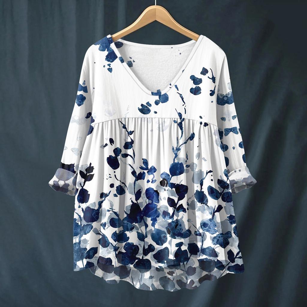 Damen Modisches Und Lässiges Hemd Langärmlig V-Ausschnitt Druck Baumwolle Und Leinen Bluse