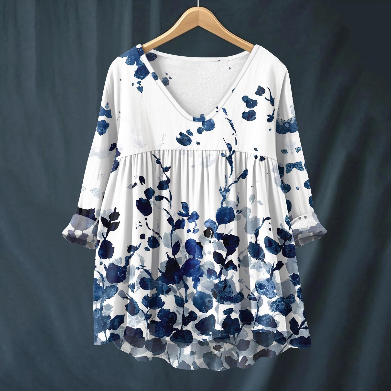

Женская модная и повседневная рубашка с длинным рукавом, V-образным вырезом и принтом, блузка из хлопка и льна XXL синий