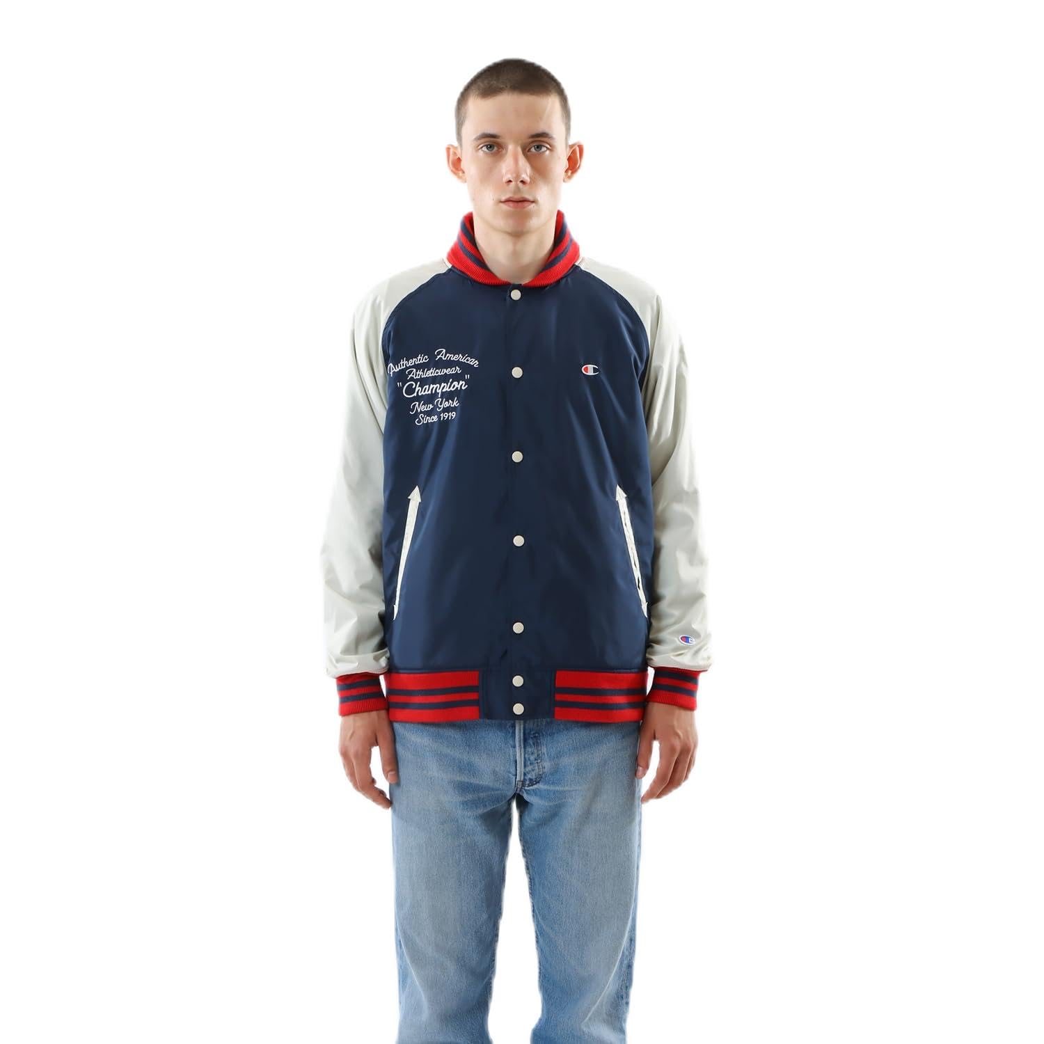 

Повседневная мужская куртка Champion с длинными рукавами, вышитым графическим логотипом и принтом, воротником-шалью, темно-синяя, C3-Z604