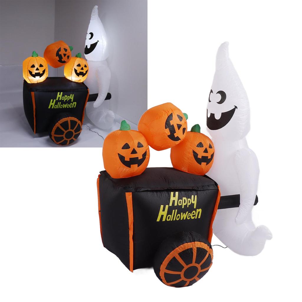 6ft Halloween Inflatable Ghost Pushing Pumpkin Cart Decor IP44 with Blower LED Lights Outdoor