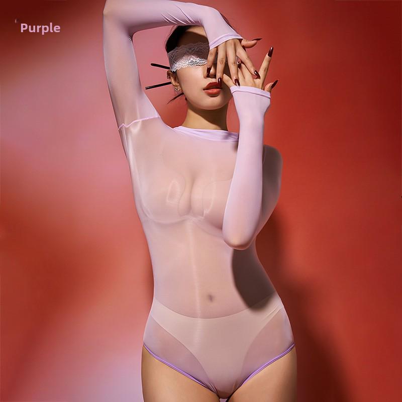 Seamless Shiny Silky High-Cut Bodysuit & Sexy Stockings Set - Large Size