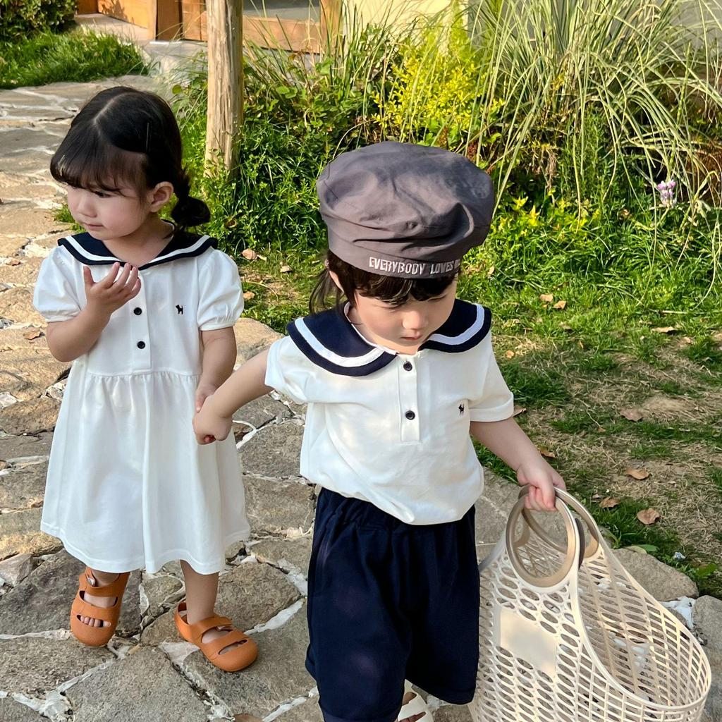 Summer Sibling Outfits: Boys' Sailor Collar Shorts Set & Girls' Academic Style Dress